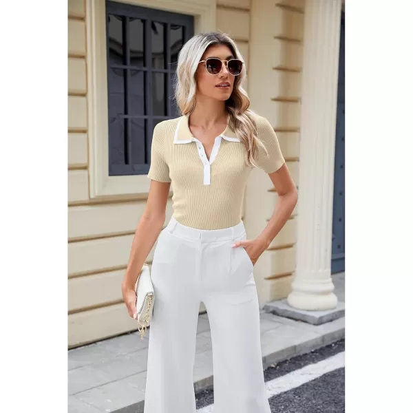 luvamia Blouses for Women Dressy Casual Knit Trendy Tops Summer Short Sleeve Color Block Button Up Collared Polo ShirtLighe Beige