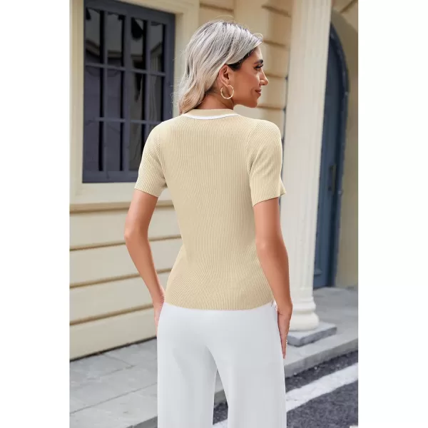 luvamia Blouses for Women Dressy Casual Knit Trendy Tops Summer Short Sleeve Color Block Button Up Collared Polo ShirtLighe Beige