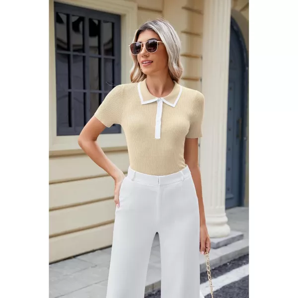 luvamia Blouses for Women Dressy Casual Knit Trendy Tops Summer Short Sleeve Color Block Button Up Collared Polo ShirtLighe Beige