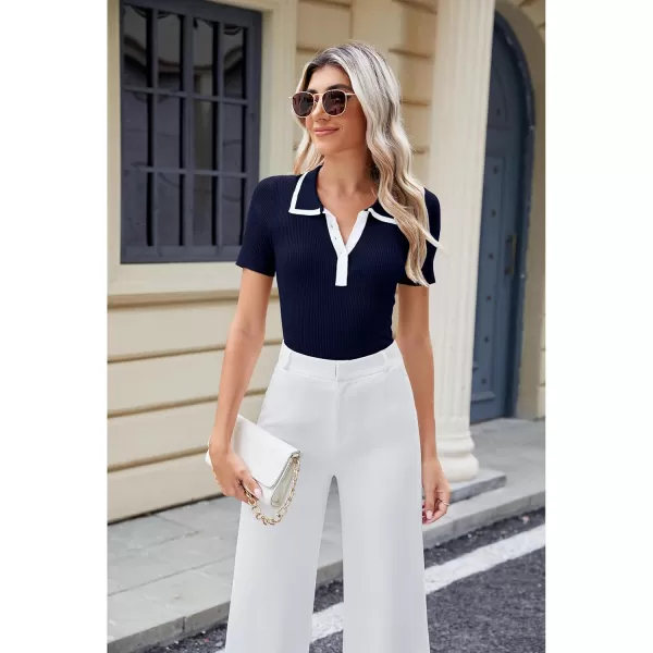 luvamia Blouses for Women Dressy Casual Knit Trendy Tops Summer Short Sleeve Color Block Button Up Collared Polo ShirtNavy Blue