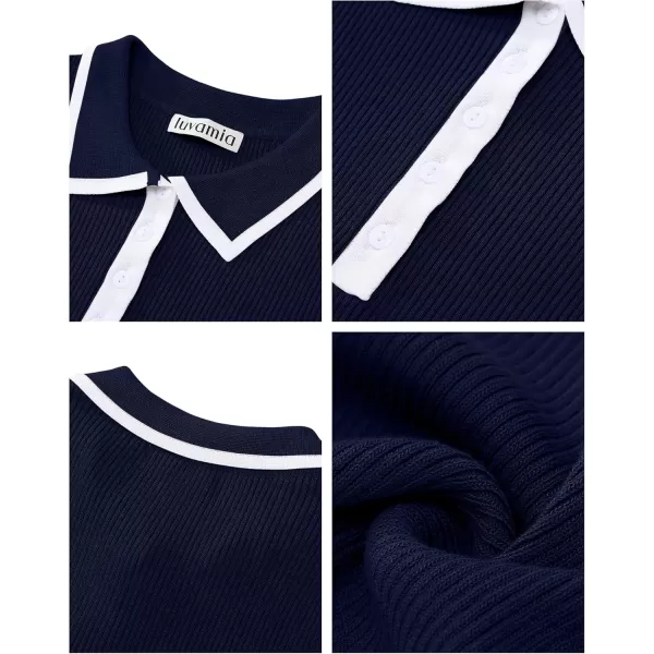 luvamia Blouses for Women Dressy Casual Knit Trendy Tops Summer Short Sleeve Color Block Button Up Collared Polo ShirtNavy Blue