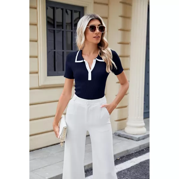 luvamia Blouses for Women Dressy Casual Knit Trendy Tops Summer Short Sleeve Color Block Button Up Collared Polo ShirtNavy Blue