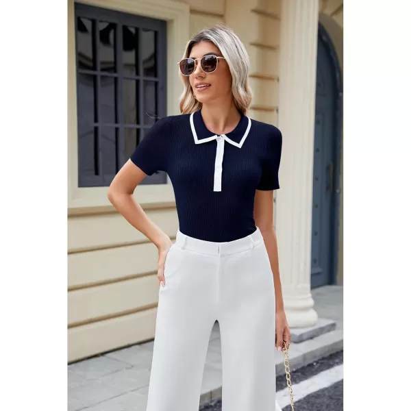 luvamia Blouses for Women Dressy Casual Knit Trendy Tops Summer Short Sleeve Color Block Button Up Collared Polo ShirtNavy Blue