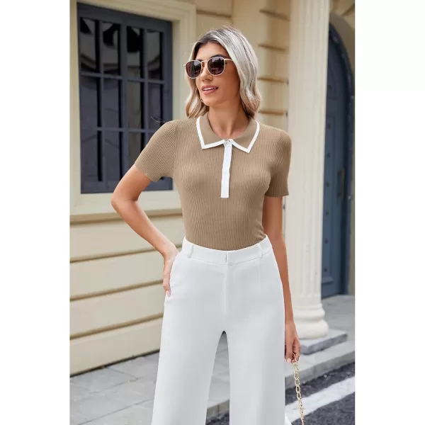 luvamia Blouses for Women Dressy Casual Knit Trendy Tops Summer Short Sleeve Color Block Button Up Collared Polo ShirtTan