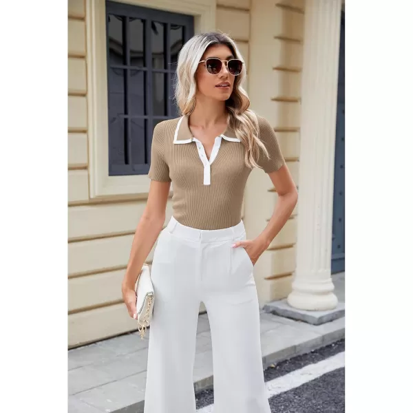 luvamia Blouses for Women Dressy Casual Knit Trendy Tops Summer Short Sleeve Color Block Button Up Collared Polo ShirtTan