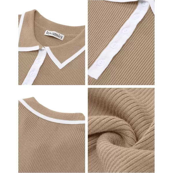 luvamia Blouses for Women Dressy Casual Knit Trendy Tops Summer Short Sleeve Color Block Button Up Collared Polo ShirtTan