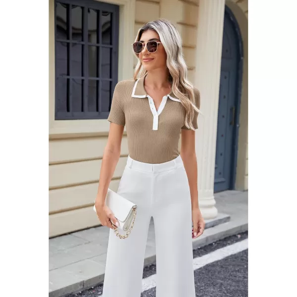 luvamia Blouses for Women Dressy Casual Knit Trendy Tops Summer Short Sleeve Color Block Button Up Collared Polo ShirtTan