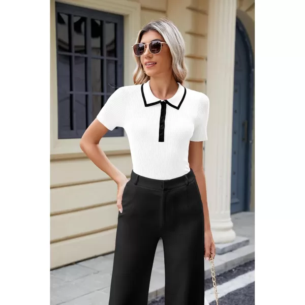 luvamia Blouses for Women Dressy Casual Knit Trendy Tops Summer Short Sleeve Color Block Button Up Collared Polo ShirtWhite