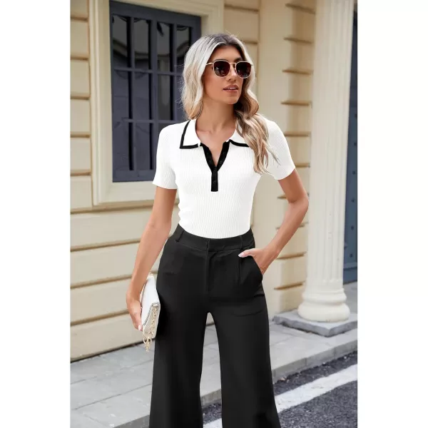 luvamia Blouses for Women Dressy Casual Knit Trendy Tops Summer Short Sleeve Color Block Button Up Collared Polo ShirtWhite