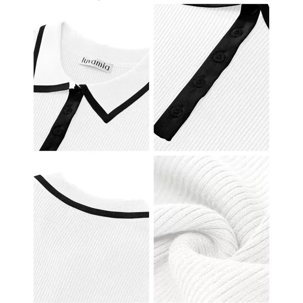 luvamia Blouses for Women Dressy Casual Knit Trendy Tops Summer Short Sleeve Color Block Button Up Collared Polo ShirtWhite