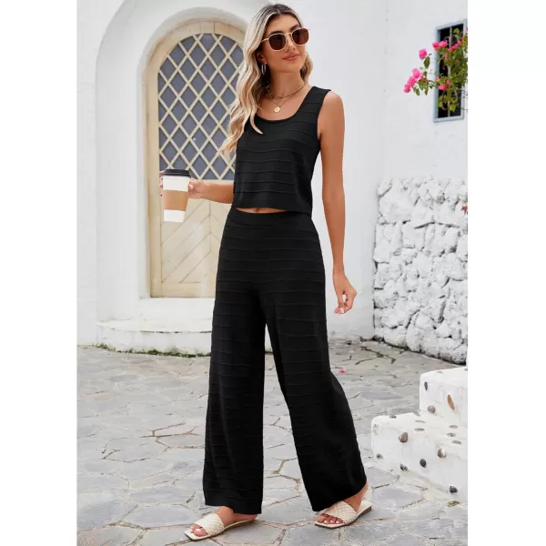 luvamia Knitted 2 Piece Sets for Women Summer Ribbed Tank Top with High Waisted Wide Leg Ankle Crop Pants Sets VacationBlack