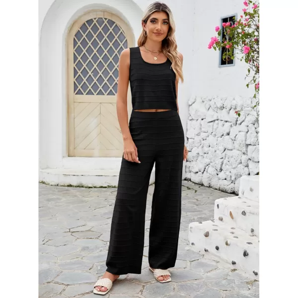 luvamia Knitted 2 Piece Sets for Women Summer Ribbed Tank Top with High Waisted Wide Leg Ankle Crop Pants Sets VacationBlack