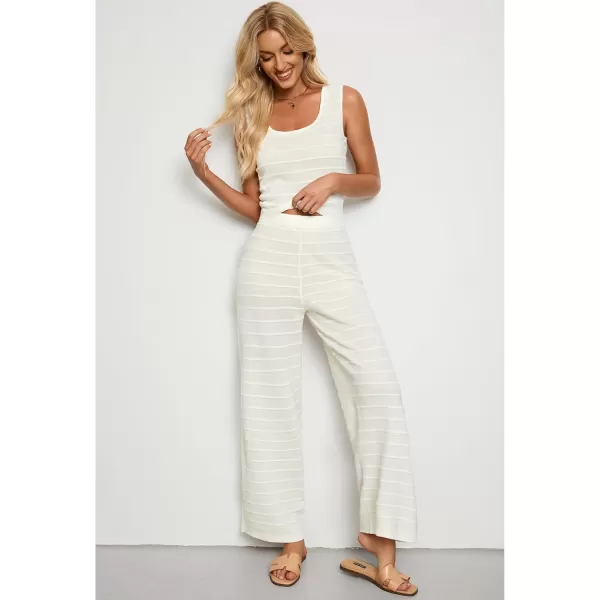 luvamia Knitted 2 Piece Sets for Women Summer Ribbed Tank Top with High Waisted Wide Leg Ankle Crop Pants Sets VacationCream White