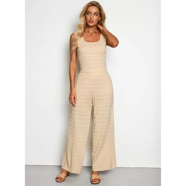 luvamia Knitted 2 Piece Sets for Women Summer Ribbed Tank Top with High Waisted Wide Leg Ankle Crop Pants Sets VacationLight Beige