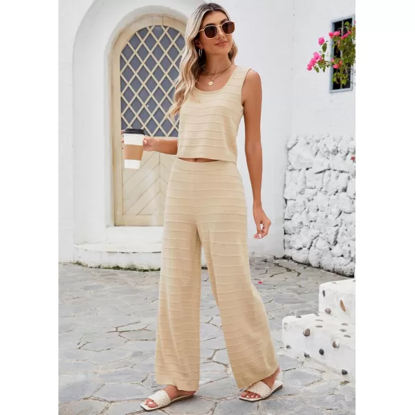 luvamia Knitted 2 Piece Sets for Women Summer Ribbed Tank Top with High Waisted Wide Leg Ankle Crop Pants Sets VacationLight Beige
