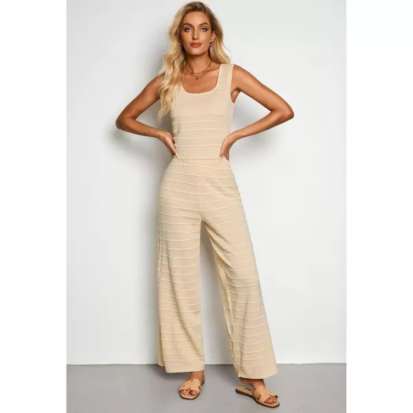 luvamia Knitted 2 Piece Sets for Women Summer Ribbed Tank Top with High Waisted Wide Leg Ankle Crop Pants Sets VacationLight Beige
