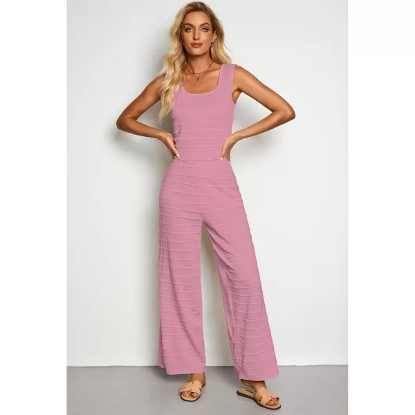 luvamia Knitted 2 Piece Sets for Women Summer Ribbed Tank Top with High Waisted Wide Leg Ankle Crop Pants Sets VacationPink