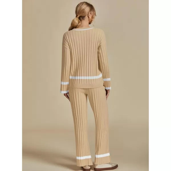 luvamia Lounge Set for Women Knit 2 Piece Outfit Trendy Fall Matching Sets Sweater Loungewear Sets Color Block WinterAlmond Buff