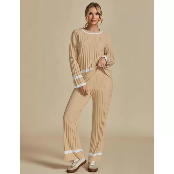 luvamia Lounge Set for Women Knit 2 Piece Outfit Trendy Fall Matching Sets Sweater Loungewear Sets Color Block WinterAlmond Buff