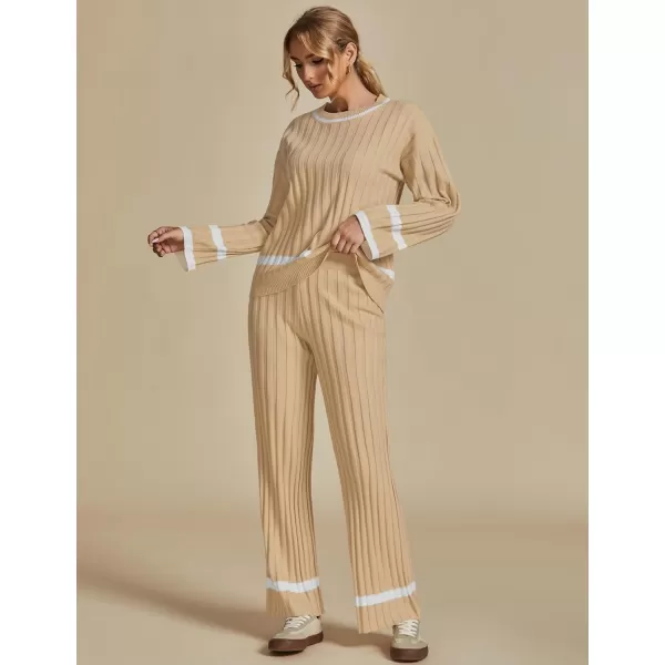 luvamia Lounge Set for Women Knit 2 Piece Outfit Trendy Fall Matching Sets Sweater Loungewear Sets Color Block WinterAlmond Buff
