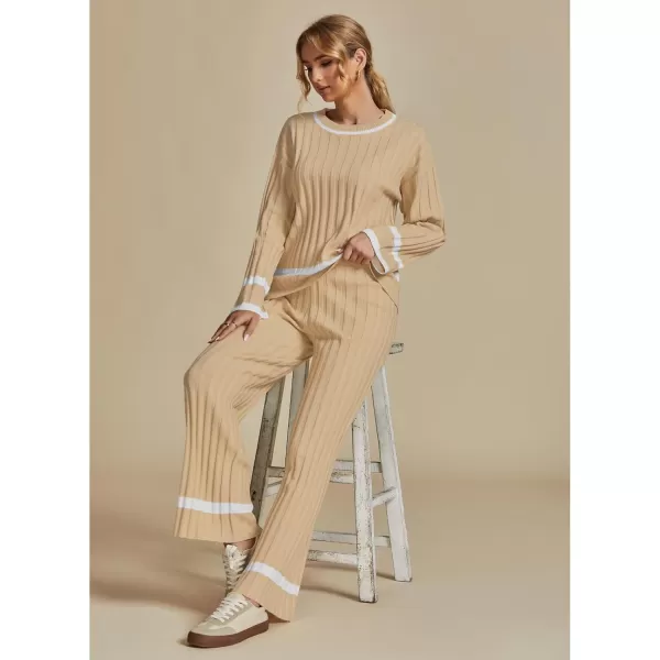 luvamia Lounge Set for Women Knit 2 Piece Outfit Trendy Fall Matching Sets Sweater Loungewear Sets Color Block WinterAlmond Buff