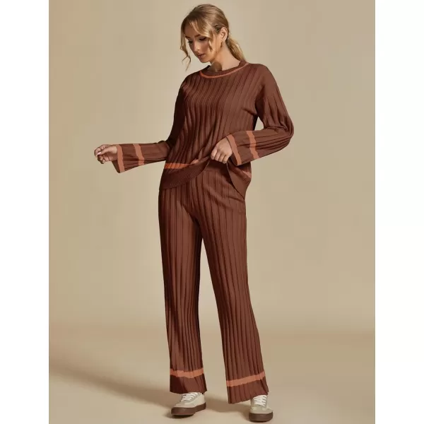 luvamia Lounge Set for Women Knit 2 Piece Outfit Trendy Fall Matching Sets Sweater Loungewear Sets Color Block WinterBrown