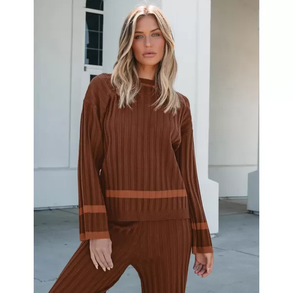 luvamia Lounge Set for Women Knit 2 Piece Outfit Trendy Fall Matching Sets Sweater Loungewear Sets Color Block WinterBrown