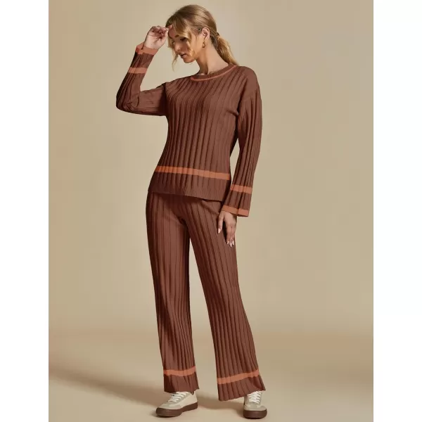luvamia Lounge Set for Women Knit 2 Piece Outfit Trendy Fall Matching Sets Sweater Loungewear Sets Color Block WinterBrown
