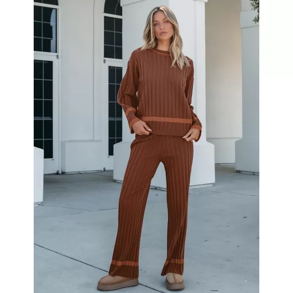 luvamia Lounge Set for Women Knit 2 Piece Outfit Trendy Fall Matching Sets Sweater Loungewear Sets Color Block WinterBrown