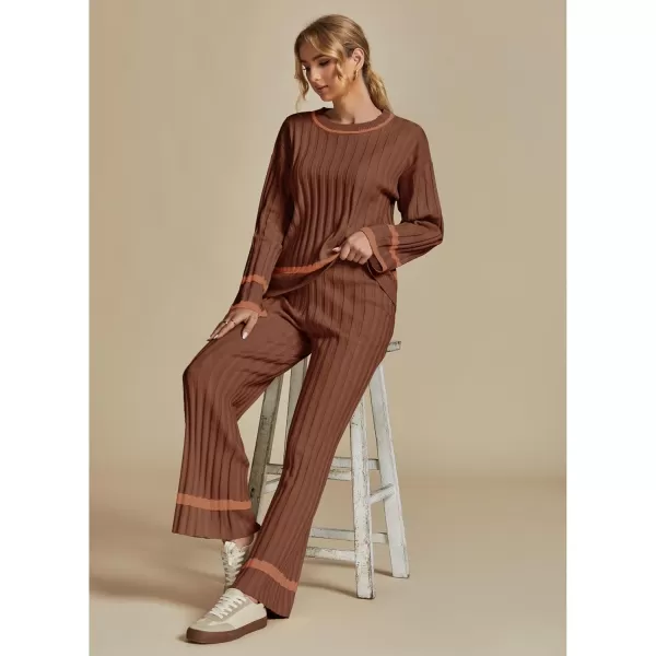 luvamia Lounge Set for Women Knit 2 Piece Outfit Trendy Fall Matching Sets Sweater Loungewear Sets Color Block WinterBrown