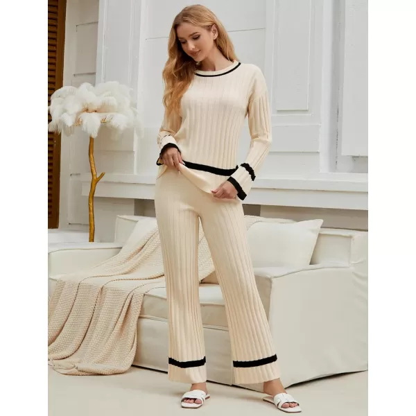 luvamia Lounge Set for Women Knit 2 Piece Outfit Trendy Fall Matching Sets Sweater Loungewear Sets Color Block WinterLight Beige
