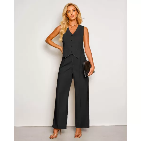 luvamia Pant Suits for Women Dressy Casual 2 Piece Sets Sleeveless Blazer Vest with High Rise Wide Leg Pants Work OfficeBlack