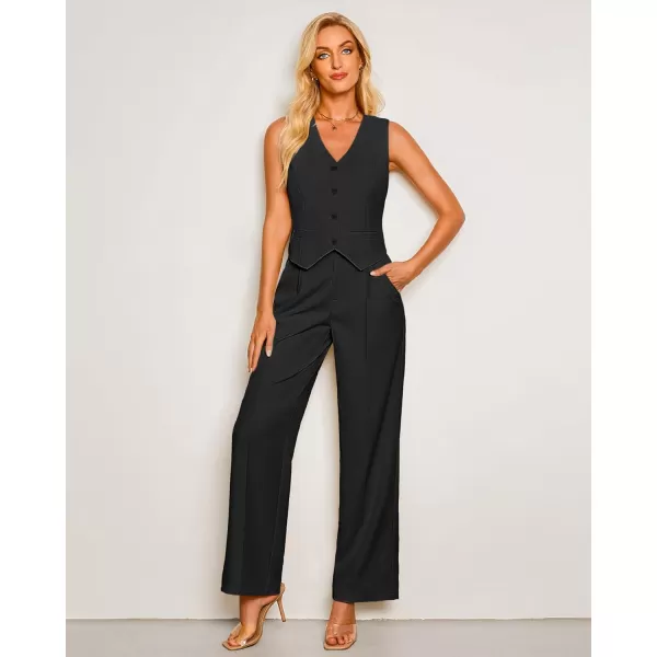 luvamia Pant Suits for Women Dressy Casual 2 Piece Sets Sleeveless Blazer Vest with High Rise Wide Leg Pants Work OfficeBlack