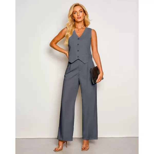 luvamia Pant Suits for Women Dressy Casual 2 Piece Sets Sleeveless Blazer Vest with High Rise Wide Leg Pants Work OfficeGray