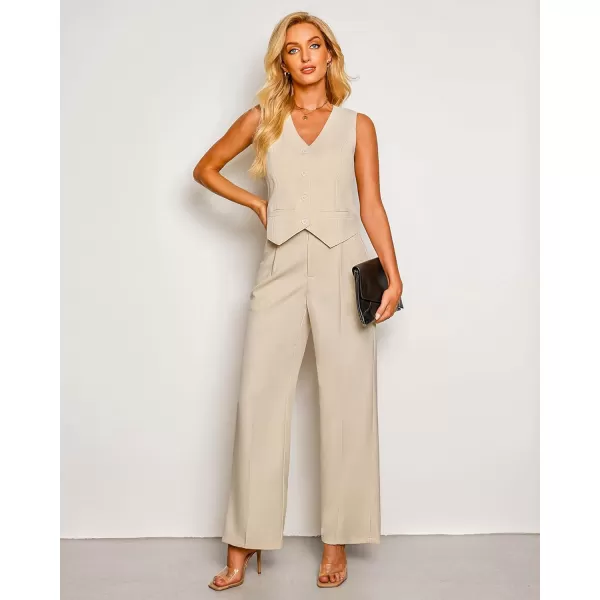 luvamia Pant Suits for Women Dressy Casual 2 Piece Sets Sleeveless Blazer Vest with High Rise Wide Leg Pants Work OfficeLight Beige