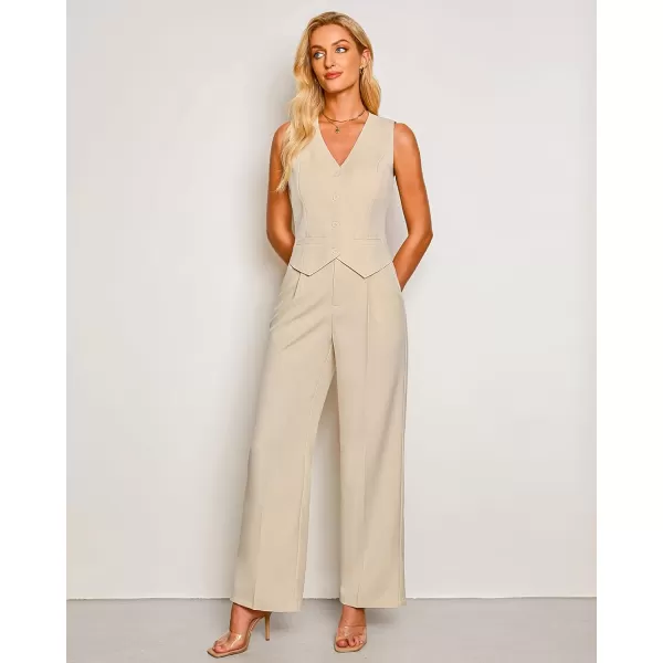 luvamia Pant Suits for Women Dressy Casual 2 Piece Sets Sleeveless Blazer Vest with High Rise Wide Leg Pants Work OfficeLight Beige