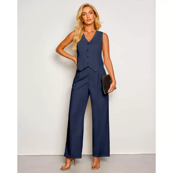 luvamia Pant Suits for Women Dressy Casual 2 Piece Sets Sleeveless Blazer Vest with High Rise Wide Leg Pants Work OfficeNavy