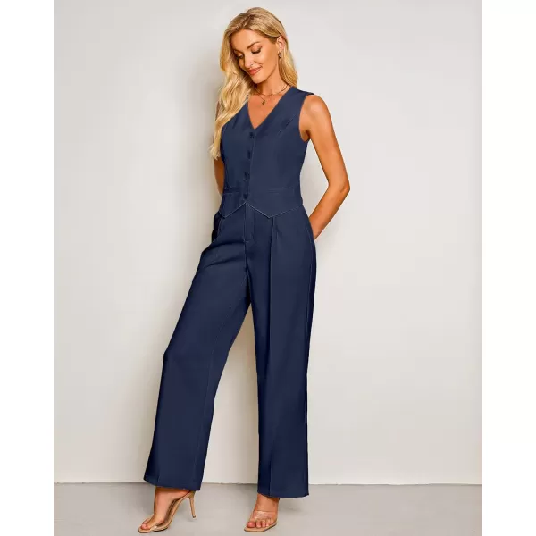 luvamia Pant Suits for Women Dressy Casual 2 Piece Sets Sleeveless Blazer Vest with High Rise Wide Leg Pants Work OfficeNavy