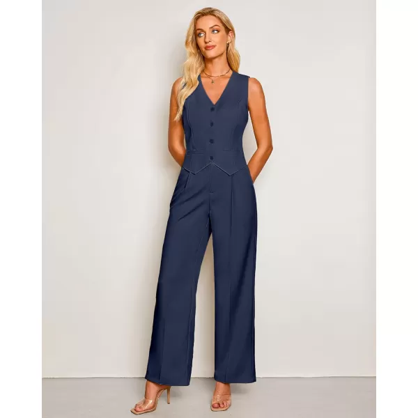 luvamia Pant Suits for Women Dressy Casual 2 Piece Sets Sleeveless Blazer Vest with High Rise Wide Leg Pants Work OfficeNavy