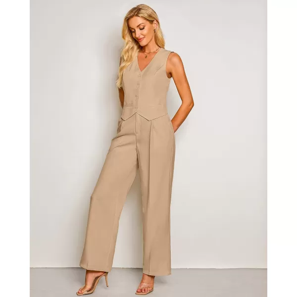 luvamia Pant Suits for Women Dressy Casual 2 Piece Sets Sleeveless Blazer Vest with High Rise Wide Leg Pants Work OfficeTan