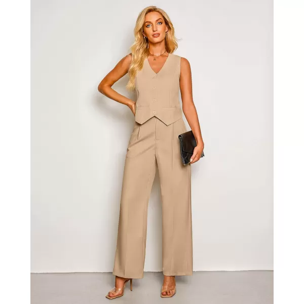 luvamia Pant Suits for Women Dressy Casual 2 Piece Sets Sleeveless Blazer Vest with High Rise Wide Leg Pants Work OfficeTan