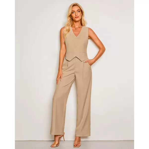 luvamia Pant Suits for Women Dressy Casual 2 Piece Sets Sleeveless Blazer Vest with High Rise Wide Leg Pants Work OfficeTan