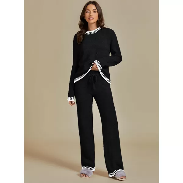 luvamia Two Piece Lounge Sets for Women Fuzzy Long Sleeve Knitted Sweater Contrast Trim Casual Warm Pajama Matching SetBlack