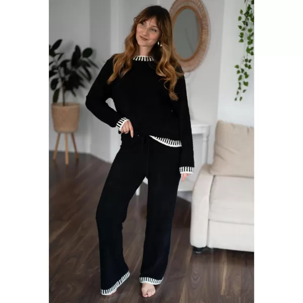 luvamia Two Piece Lounge Sets for Women Fuzzy Long Sleeve Knitted Sweater Contrast Trim Casual Warm Pajama Matching SetBlack