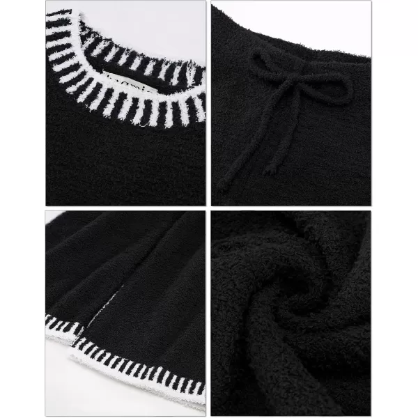 luvamia Two Piece Lounge Sets for Women Fuzzy Long Sleeve Knitted Sweater Contrast Trim Casual Warm Pajama Matching SetBlack