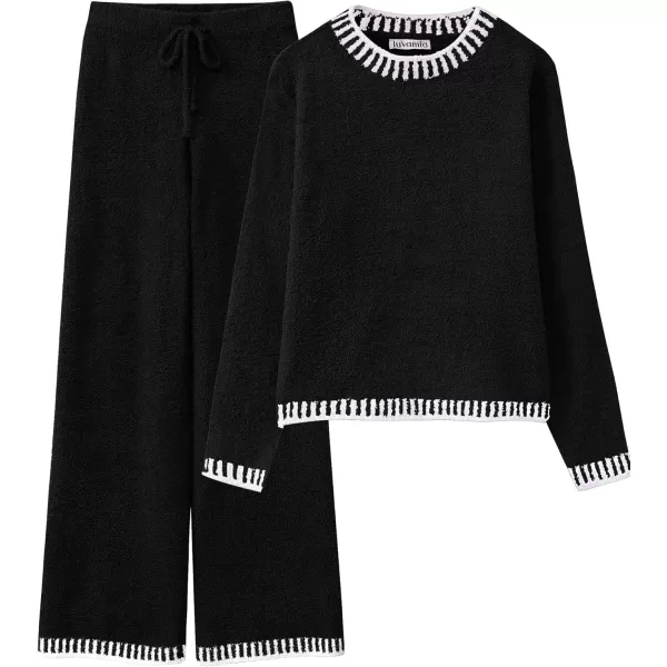 luvamia Two Piece Lounge Sets for Women Fuzzy Long Sleeve Knitted Sweater Contrast Trim Casual Warm Pajama Matching SetBlack