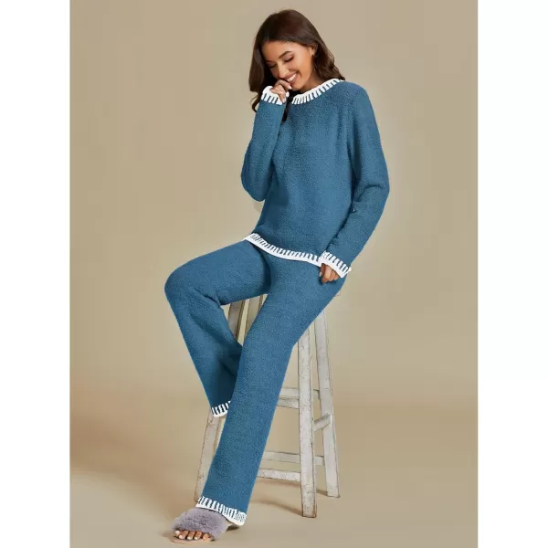 luvamia Two Piece Lounge Sets for Women Fuzzy Long Sleeve Knitted Sweater Contrast Trim Casual Warm Pajama Matching SetBlue Gray