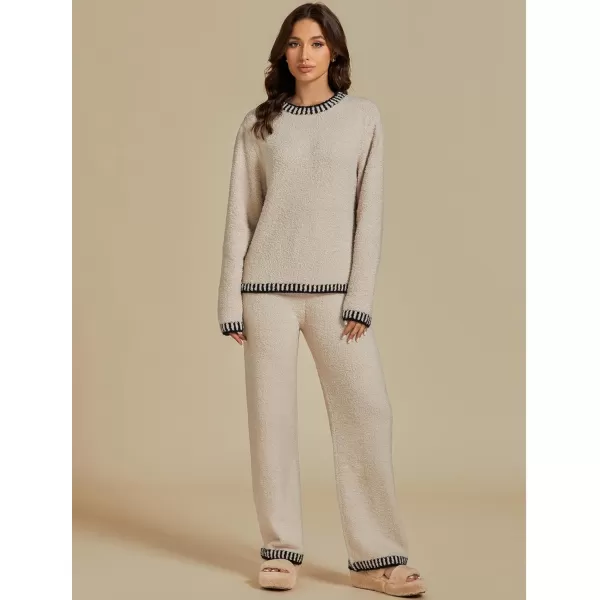 luvamia Two Piece Lounge Sets for Women Fuzzy Long Sleeve Knitted Sweater Contrast Trim Casual Warm Pajama Matching SetButtercream