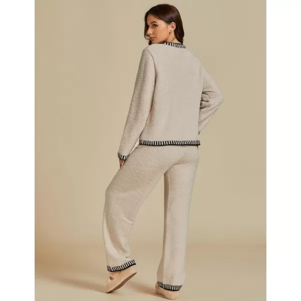 luvamia Two Piece Lounge Sets for Women Fuzzy Long Sleeve Knitted Sweater Contrast Trim Casual Warm Pajama Matching SetButtercream