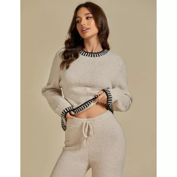 luvamia Two Piece Lounge Sets for Women Fuzzy Long Sleeve Knitted Sweater Contrast Trim Casual Warm Pajama Matching SetButtercream